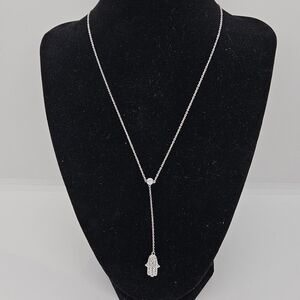 silver tone crystal hamsa hand Y necklace